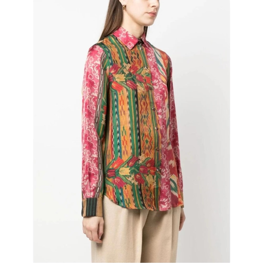Pierre Louis Mascia Aloe Silk Colorful Floral Loose Fit Button Up Shirt Blouse